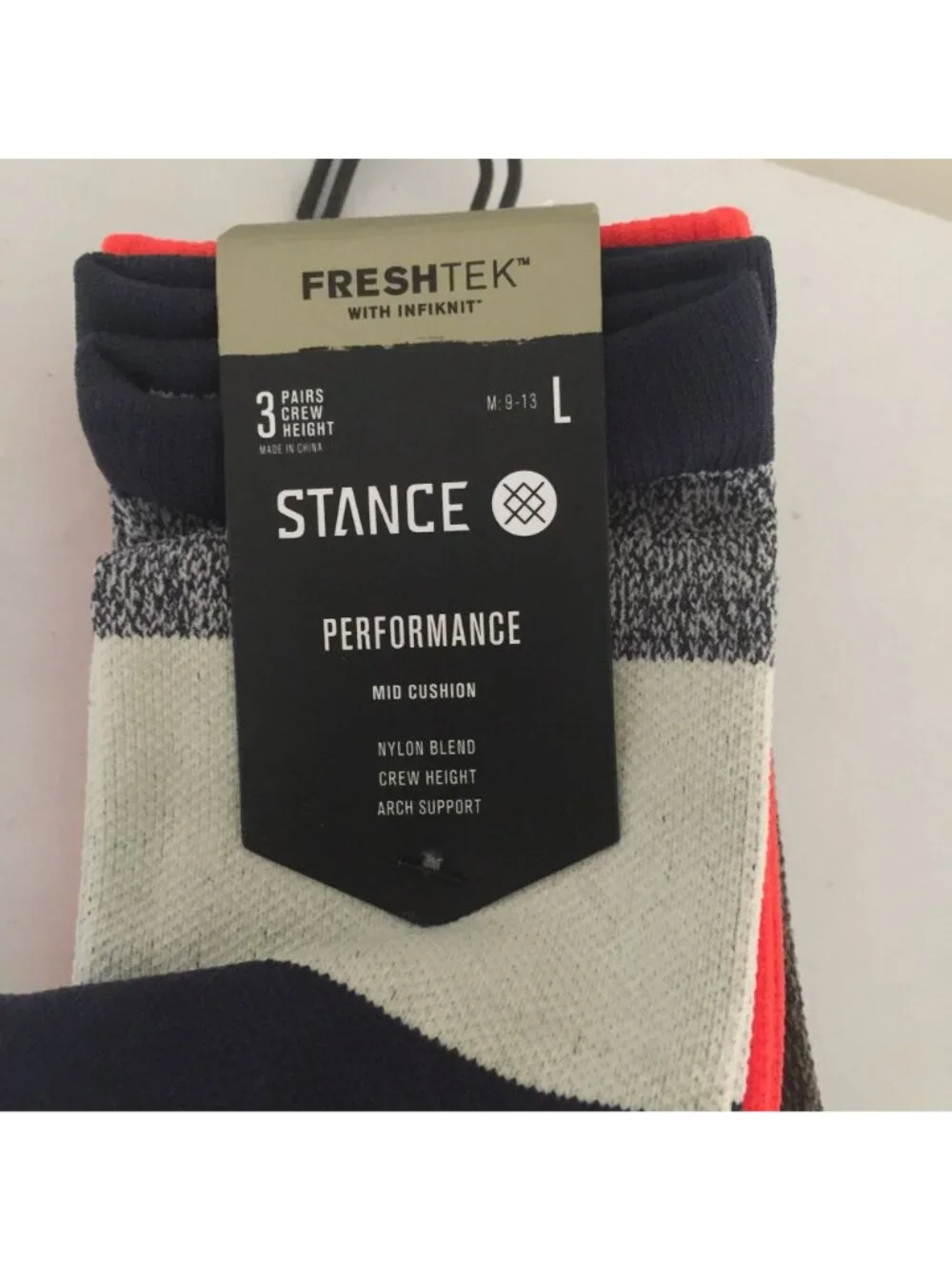 Stance Men's Route Mid Crew Performance 3 Pack Size Large 9-13 Navy Orange
